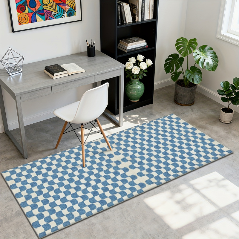 Home Office Rug - VIKAMA Blue and White Checkered Rug,