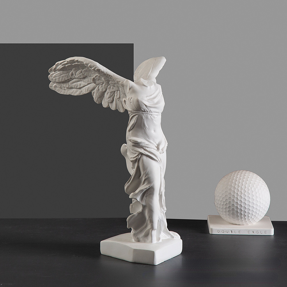 Home Office With Bookshelves - Greek Victory Goddess Statue with Angel