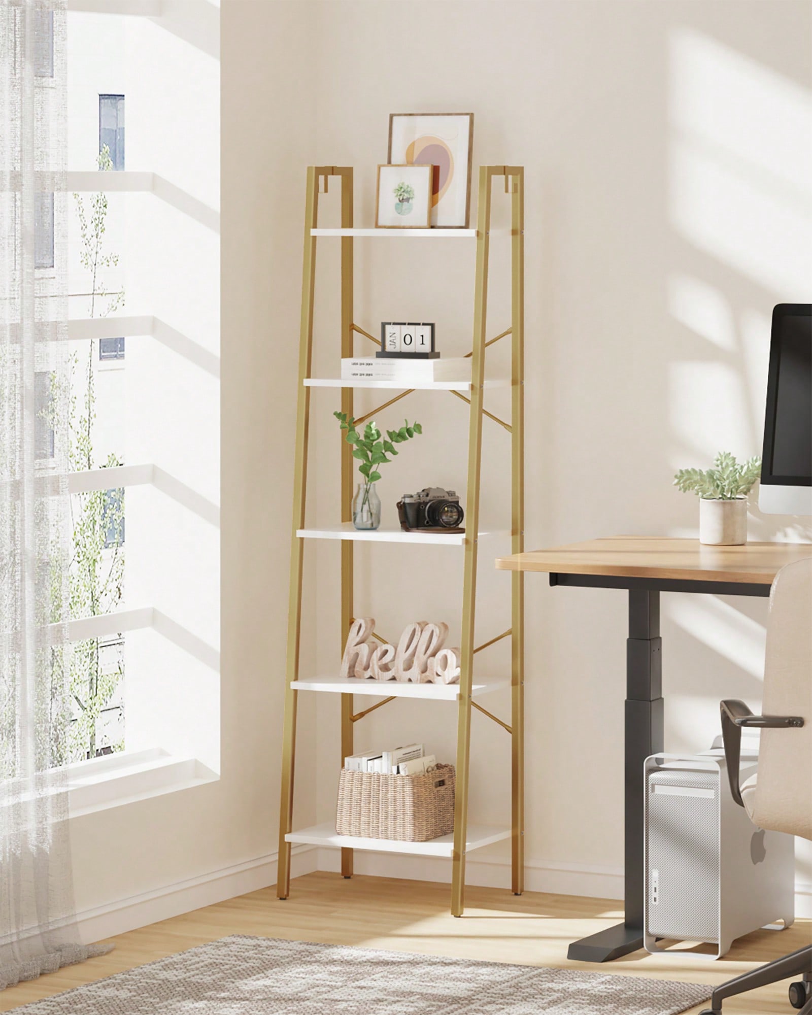Home Office With Bookshelves - 5 Tier Ladder Shelf Modern Glam