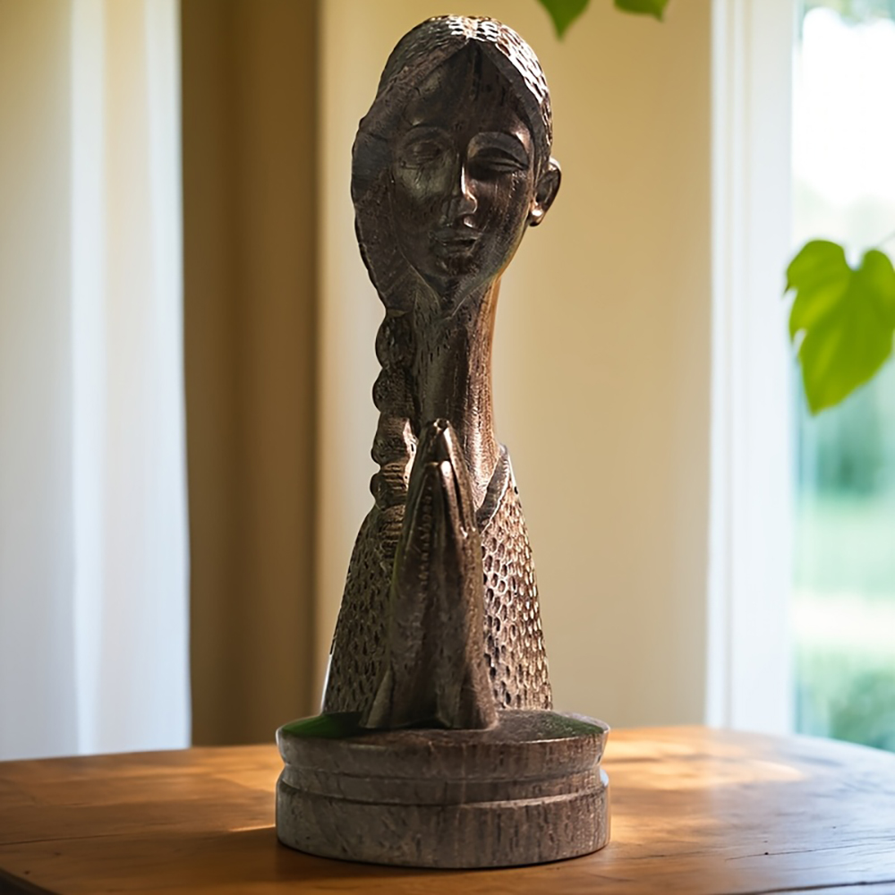 1PC Wooden Carved Praying Girl - Home Office With Bookshelves ulasan dan harga