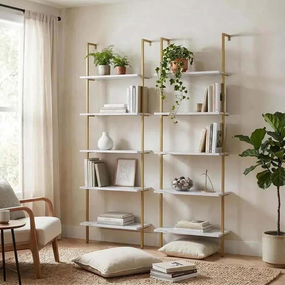 5-Tier White Marble Wall-Mount - Home Office With Bookshelves ulasan dan harga